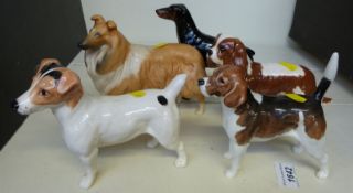 Five large Beswick dog figures including Cavalier King Charles spaniel, matt Collie, Jack Russell,