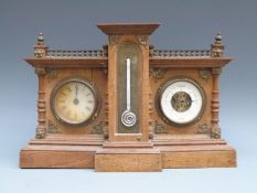 A German made Edwardian beechwood cased clock, barometer and thermometer compendium,