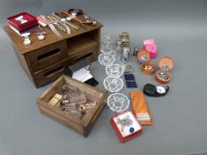 Assorted costume jewellery, purfume bottles, wooden drawers,