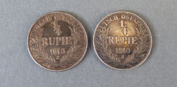 Two 1910 'J' mint mark Deutsch Ostafrika 1/4 Rupie