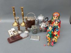 Plated teapot, brass and spiral oak candlesticks, biscuit barrel, large Russian doll, Daci camera,