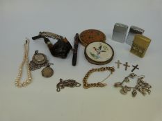 A Victorian silver locket, silver bracelet, and charm bracelet, costume jewellery, Zippo lighter,