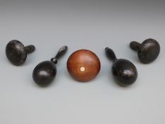 Two turned and carved Irish bogwood sewing/darning mushrooms two ebony darning eggs,