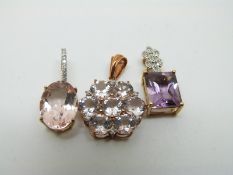 Two 9ct gold pendants set with morganite and diamonds and a 9ct gold pendant set with an amethyst