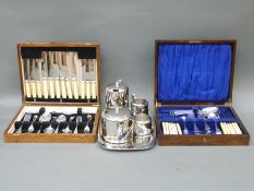 Two oak cased canteens of cutlery and a retro tea set