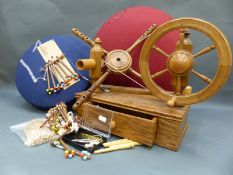 A lace spinning wheel and pad with bobbins