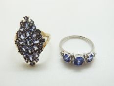 A 14k white gold ring set with tanzanite and diamonds and another similar ring, size P and O/P, 7.