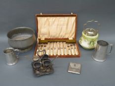 A cased set of fish knives and forks, egg set, pewter,