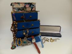 A quantity of costume jewellery, silver necklace, beads, agate beaded necklace,