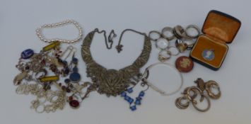 Two silver necklaces, five silver rings, filigree necklace, silver bangle,