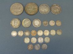 A collection of various silver coins to include Victorian commemorative medal coin,