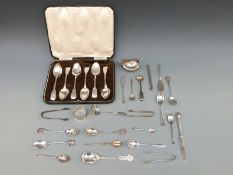 A quantity of hallmarked silver spoons comprising Georgian examples, mustard, napkin ring etc.