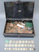 A metal money / cash box with key containing a collection of UK & some overseas coins,