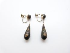 A pair of Victorian tortoiseshell earrings with inlaid gold decoration