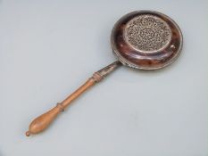 A hallmarked silver novelty pot pourri or similar formed as a warming pan with faux tortoiseshell