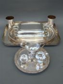 A collection of plated ware including Harrods, Walker and Hall,