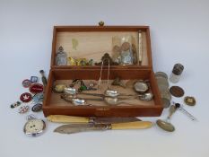 A hallmarked silver pocket watch case, Ingersoll pocket watch, coins, silver topped bottle,