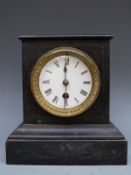 Victorian single train 19thC slate mantel clock, the enamel Roman dial with steel blue hands,