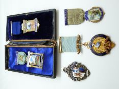 Five hallmarked silver and enamel Masonic jewels / medals, lodges include Izaac Walton Lodge 4281,