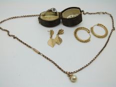 A 9ct gold necklace with a pearl pendant, two pairs of 9ct gold earnings (7.