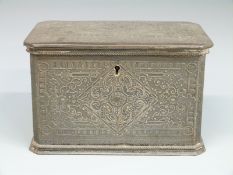 A silver plated casket or tea caddy with engraved decoration, marked to underside SF,
