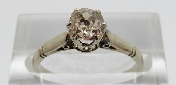 A white metal ring set with an old cut diamond of approximately 0.5ct, size M, 2.