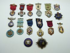 Sixteen hallmarked silver and enamel Masonic jewels / medals, lodges include Whitcliff,