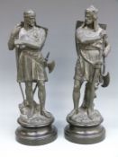 Two spelter figures of medieval period knights on plinths, one Richard the Lionheart,
