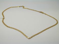 A yellow metal necklace marked 585 made up of flat links, 7.
