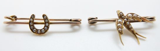 Two Edwardian brooches, one in the form of a swallow set with seed pearls,