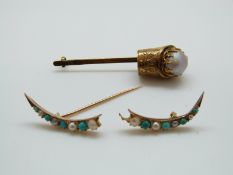 A brooch set with a large pearl and a section of a Victorian brooch set with turquoise and pearls