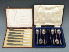 A cased set of hallmarked silver teaspoons and tongs,