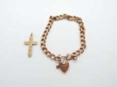 A 9ct rose gold curb link bracelet and a 9ct gold cross pendant with chased decoration, 9.