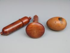 Three turned wood sewing and darning items comprising bobbin case with gilt script Jane Stratford,