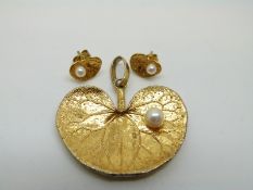 A Flora Danica (Denmark) silver gilt pendant and matching earrings set with a pearl to each piece