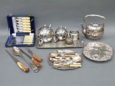 A collection of silver plate including retro tea set on tray, cased fish eater set, tray,