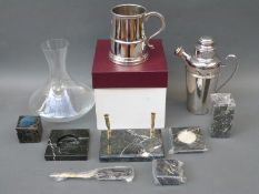 A marble or similar stone desk set together with a quantity of plated ware including drinks vessel