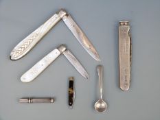 Two Victorian hallmarked silver and mother of pearl folding fruit knives,