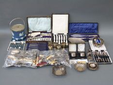 A quantity of silver plated ware including cased sets, two napkin rings, cruets, egg cups,