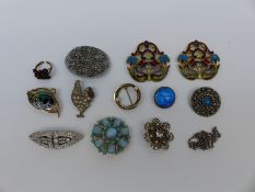 An enamel buckle, silver brooch set with butterfly wing, silver chain,