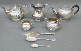 A silver plated tea service and other plated ware including wrythen teapot