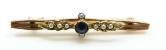 A 9ct gold Edwardian brooch set with blue paste and seed pearls, 2.
