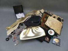 A collection of evening bags scarves, belts by Karl Olsen, gold evening shawl,