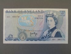 Bank of England £5 note AO1380779, Page,