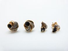 A pair of 9ct gold earrings set with a sapphire and diamonds and another pair of 9ct gold earrings