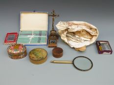 A boxed Ronson Standard lighter, a collection of lace and textiles, a brass crucifix,