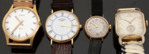 Four ladies and gentleman's wristwatches comprising a 9ct gold Timor, Hamilton, Oris and Rotary.