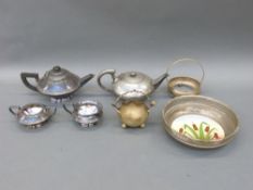 A silver plate teapot, sugar and cream jug, L and W.