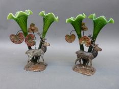 A pair of figural deer twin green glass epergnes,