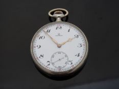 Omega nickel plated keyless winding open faced pocket watch with black Arabic numerals,